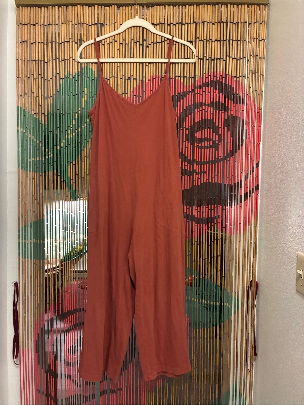 Coyuchi Rust-Coral Sleeveless V-Neck Wide-Leg Jumpsuit